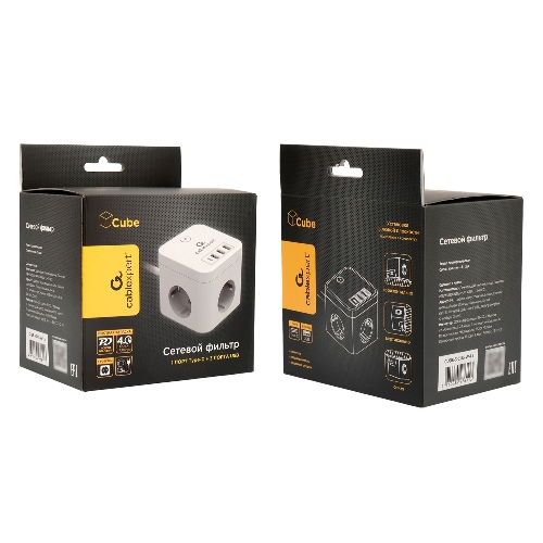 Сетевой фильтр Cablexpert Cube CUBE-3-CU3-W-1.5, 3 р, 10А, 1xType-C PD, 3xUSB, 1.5 м, ур.защиты 4+, белый, коробка