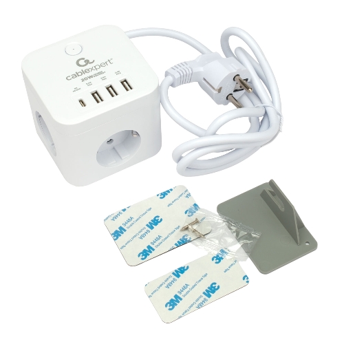 Сетевой фильтр Cablexpert Cube CUBE-3-CU3-W-1.5, 3 р, 10А, 1xType-C PD, 3xUSB, 1.5 м, ур.защиты 4+, белый, коробка