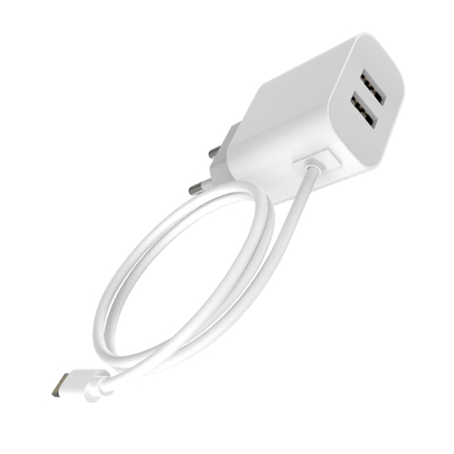 Сетевое зарядное устройство Maxvi CHL-242L 2хUSB 2.4A + литой кабель Lightning 1.2м, белый
