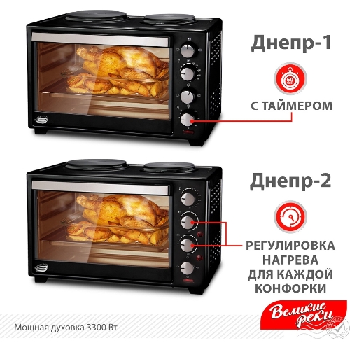 Мини-печь Великие Реки Днепр-2, мощность 3300 Вт, 2 конфорки, 30 л, 2 противня