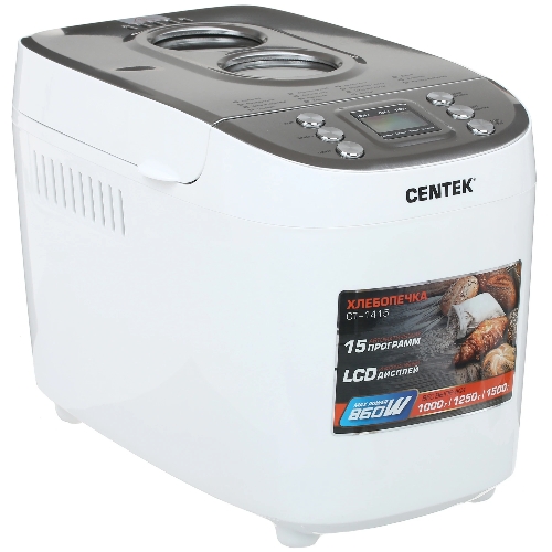 Хлебопечка Centek CT-1415 (бел/сталь) 1500 г БОЛЬШОЙ ОБЪЕМ, 860Вт, 15 программ, таймер, LCD, окошко