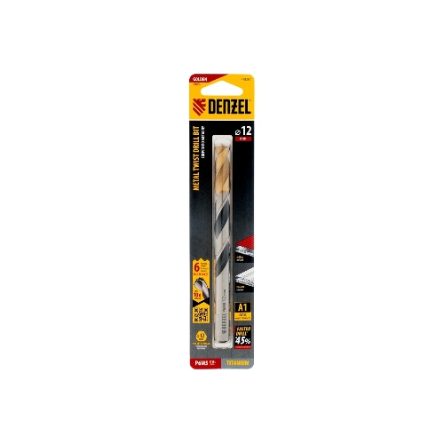 Сверло спиральное по металлу Denzel 12 x 151мм, Р6М5, Golden Tip, многогранная заточка