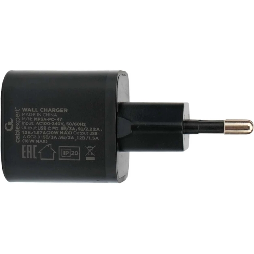 Сетевое зарядное устройство Cablexpert 20Вт, 3А, QC3.0/PD, 1xUSB, 1xType-C, черный, пакет