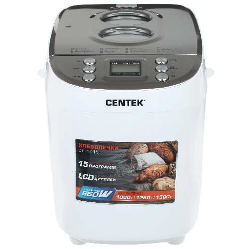 Хлебопечка Centek CT-1415 (бел/сталь) 1500 г БОЛЬШОЙ ОБЪЕМ, 860Вт, 15 программ, таймер, LCD, окошко