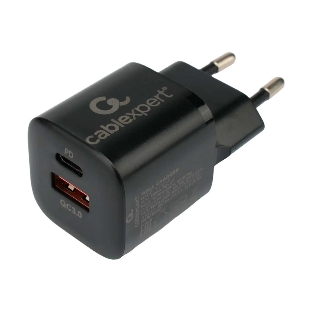 Сетевое зарядное устройство Cablexpert 20Вт, 3А, QC3.0/PD, 1xUSB, 1xType-C, черный, пакет