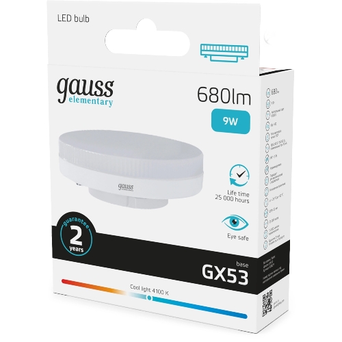 Лампа светодиодная Gauss Elementary 9Вт цок.: GX53 таблетка 220B св. свеч. бел. нейт. Tablet (упак.: 10 шт)