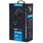 Сетевое зарядное устройство Maxvi A482GN 65W, 1xUSB-A, 1xUSB-C, черный