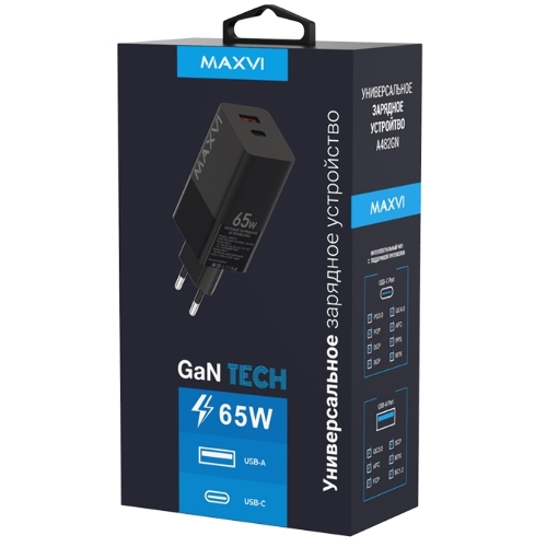 Сетевое зарядное устройство Maxvi A482GN 65W, 1xUSB-A, 1xUSB-C, черный