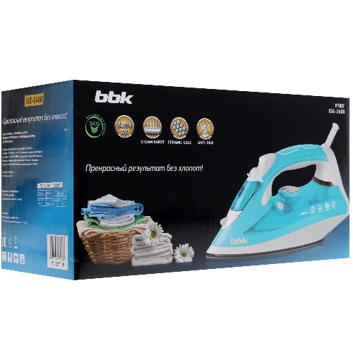 Утюг BBK ISE-2400 бирюзовый/белый, 2400 Вт, 35 г/мин, 140 г/мин, 280 мл