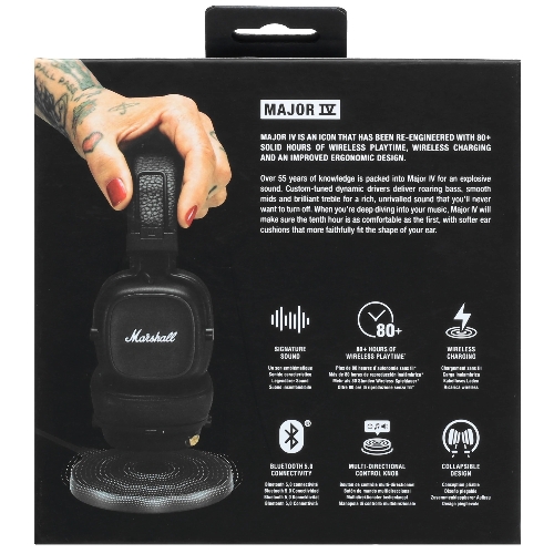 Беспроводные/проводные наушники Marshall Major IV черный, накладные, Bluetooth + проводной, беспроводная зарядка, до 80 ч
