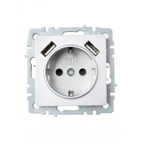 Розетка 1-местная IEK BRITE РЮш10-2-БрА (BR-R14-16-U21-D31-K47) с заземлением, с защитными шторками, 16А, с USB A+A 5В 3,1А, алюминий