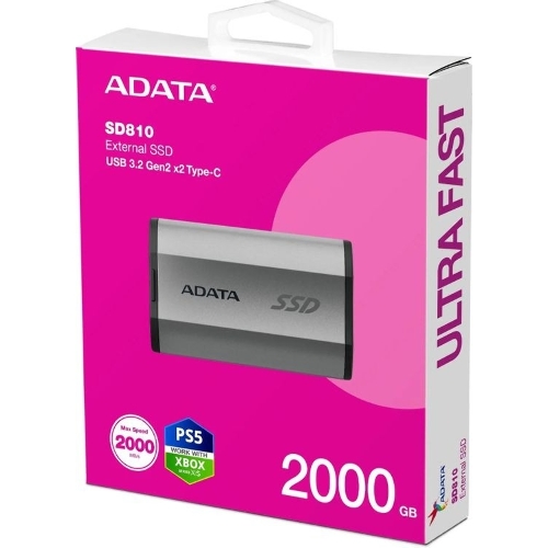 Внешний SSD ADATA SD810, 2TB, USB 3.2 Gen 2x2 Type-C, R/W 2000/2000, серебристый