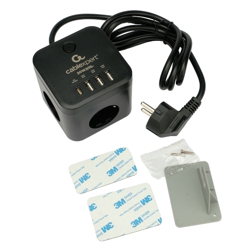 Сетевой фильтр Cablexpert Cube CUBE-3-CU3-B-1.5, 3 р, 10А, 1xType-C PD, 3xUSB, 1.5 м, ур.защиты 4+, черный, коробка