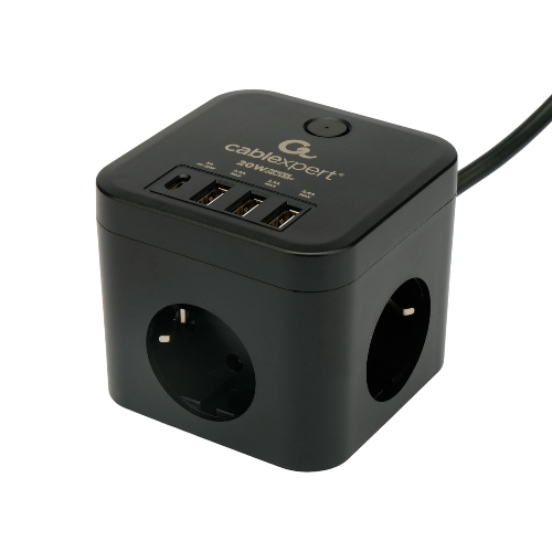 Сетевой фильтр Cablexpert Cube CUBE-3-CU3-B-1.5, 3 р, 10А, 1xType-C PD, 3xUSB, 1.5 м, ур.защиты 4+, черный, коробка