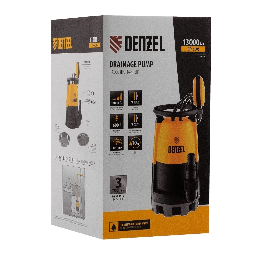 Дренажный насос Denzel DP-600S для чистой и грязной воды, 600 Вт, напор 7 м, 13000 л/ч