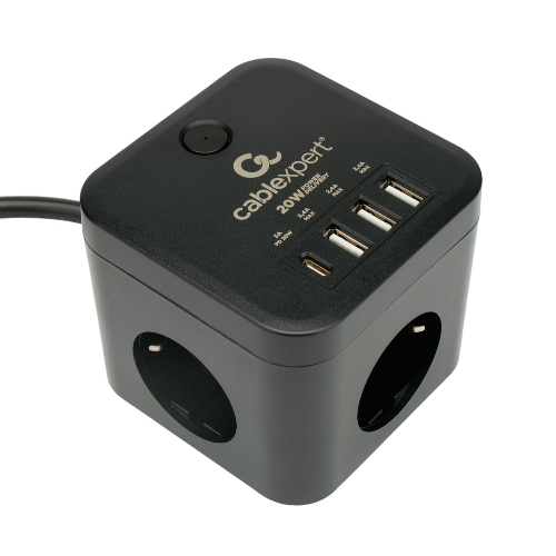 Сетевой фильтр Cablexpert Cube CUBE-3-CU3-B-1.5, 3 р, 10А, 1xType-C PD, 3xUSB, 1.5 м, ур.защиты 4+, черный, коробка