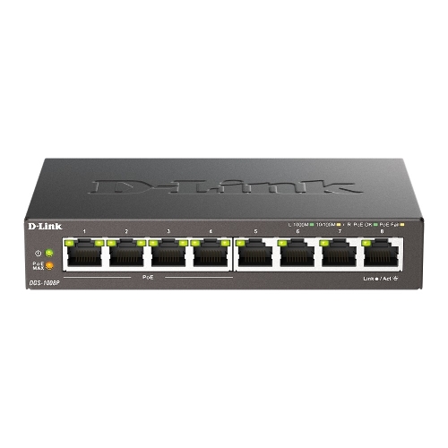 Коммутатор неуправляемый D-Link DGS-1008P/F3A с 8 портами 10/100/1000Base-T (4 порта PoE 802.3af/at, PoE-бюджет 60 Вт)