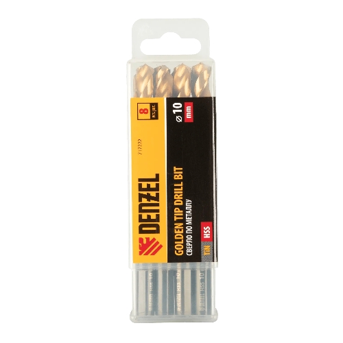 Сверло по металлу Denzel 10 мм, HSS-Tin, Golden Tip, 8 шт.