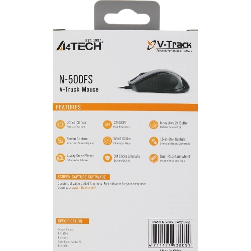 Мышь проводная A4Tech N-500FS черный, 1200 dpi, USB, кнопки - 4