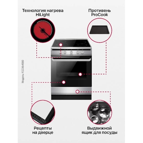 Плита электрическая Hansa FCCX64000 серебристый, конфорок 4 шт, духовка 69 л, 60 см x 85 см x 60 см