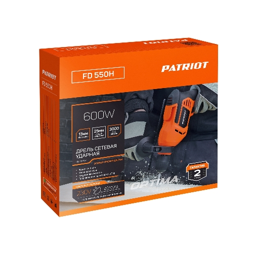 Дрель электрическая ударная PATRIOT FD 550H, 600Вт, 3000об/мин, 44800уд/мин, макс.диаметр сверления 13мм