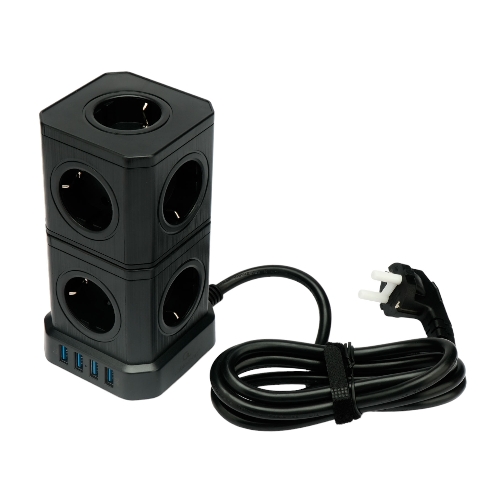 Сетевой фильтр Cablexpert Tower TWR-9-U4-B-2, 9 р, 16А, 4хUSB, 3.1А, 2 м, ур.защиты 4+, черный, коробка