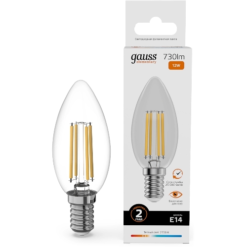 Лампа светодиодная филаментная Gauss Filament 12Вт цок.:E14 свеча св.свеч.бел.теп. (упак.:10шт)