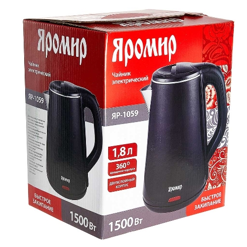 Чайник электрический ЯРОМИР ЯР-1059 пластик ДВОЙНАЯ СТЕНКА, черный: 1500 Вт, 1,8л(12)