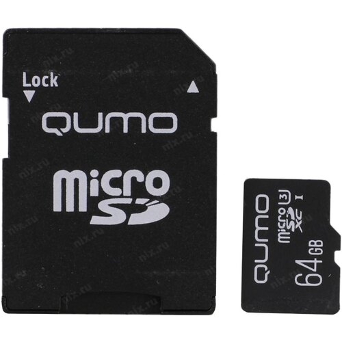 Флеш карта QUMO MicroSDXC 64Gb 90/45 МБ/с UHS-I U3, Pro seria 3.0, адаптер в комплекте SD, красная картонная упаковка