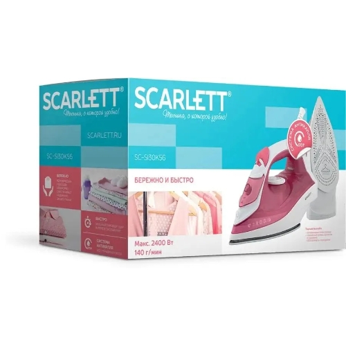 Утюг Scarlett SC-SI30K56 розовый, 2400; Световой индикатор работы: Да; Регулируемый пар до г/мин: 35; Паровой удар до г/мин: 140; Резервуар для воды, мл: 280; Функция разбрызгивания воды: Да; Терморегулятор: Да; Вертикальное отпаривание: Да; Регулировка степени отпаривания: Да; Покрытие подошвы: Керамическая подошва KeramoPro; Самоочистка: Да; Система защиты от накипи ANTI-CALC: Да; Функция автоотключения AUTO-SHUT OFF: Да; Размер утюга Ш*В*Г, мм: 289*120*140; Шарнирное крепление шнура: Да; Длина электрошнура, м: 1.8; Цвет шнура: В цвет корпуса;