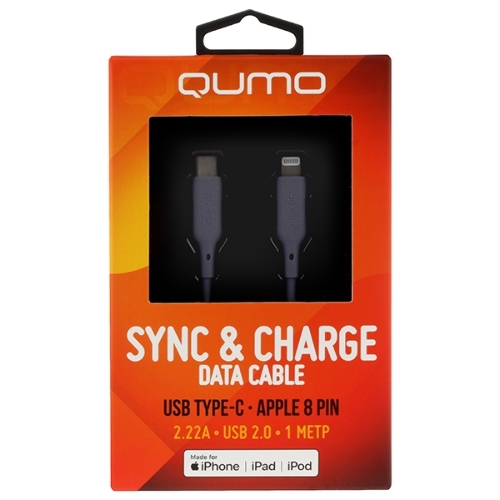 Кабель QUMO, MFI С94, Type-C на MFI Apple 8 pin, силиконовый, 1м, 2,22A, 9V, 20W, PD (серый)