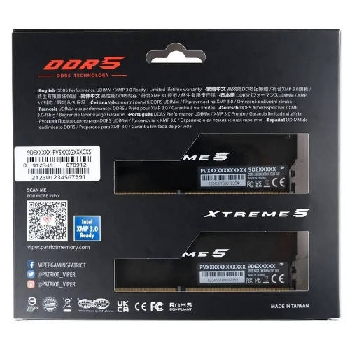 Оперативная память Patriot Viper Xtreme 5, DDR5, 48GB (2x24GB), 7600MHz, CL36, DIMM, с радиаторами, черный