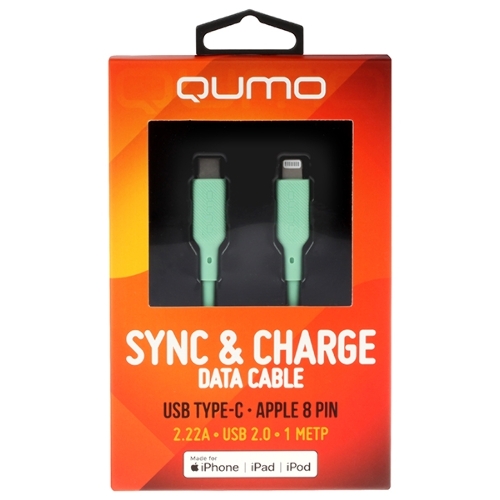 Кабель QUMO, MFI С94, Type-C на MFI Apple 8 pin, силиконовый, 1м, 2,22A, 9V, 20W, PD (зеленый)
