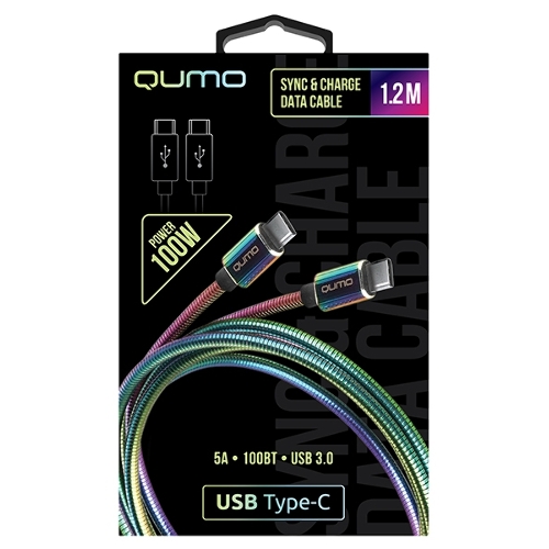 Кабель Qumo, Type С - Type C, USB 3.0, 1,2м, 5-20В, 5А, 100 Вт, опл. металл. пружинка, кон. металл, rainbow
