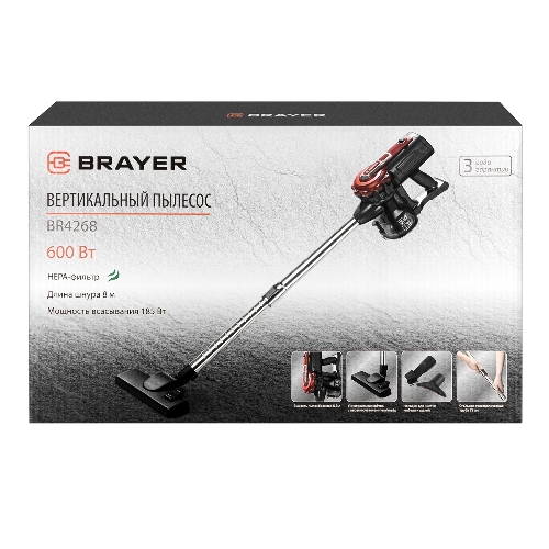 Пылесос вертикальный BRAYER BR4268 серый/красный, питание от сети, 185 Вт, уборка сухая, пылесборник 0,8 л
