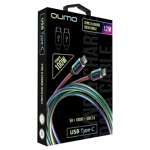 Кабель Qumo, Type С - Type C, USB 3.0, 1,2м, 5-20В, 5А, 100 Вт, опл. металл. пружинка, кон. металл, rainbow