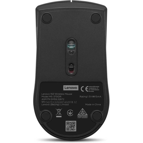 Мышь беспроводная Lenovo 150 черный, 1000 dpi, радиоканал, USB, кнопки - 3