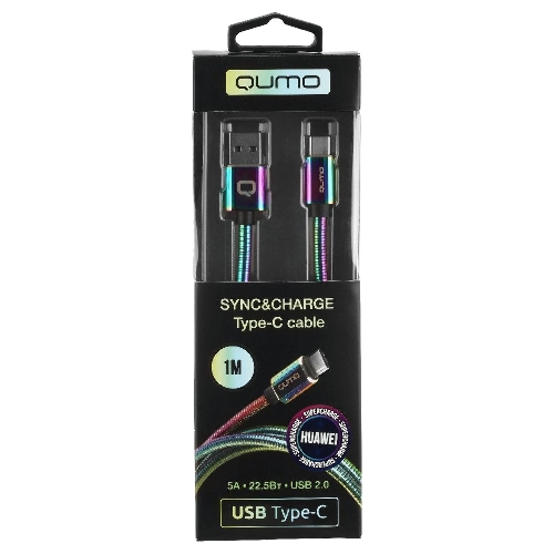 Кабель Qumo, USB 2.0-Type C, 1м, 5/9/12В, 5A, 22.5Вт (Huawei FCP и SCP), опл. металл. пружинка, кон. металл, rainbow