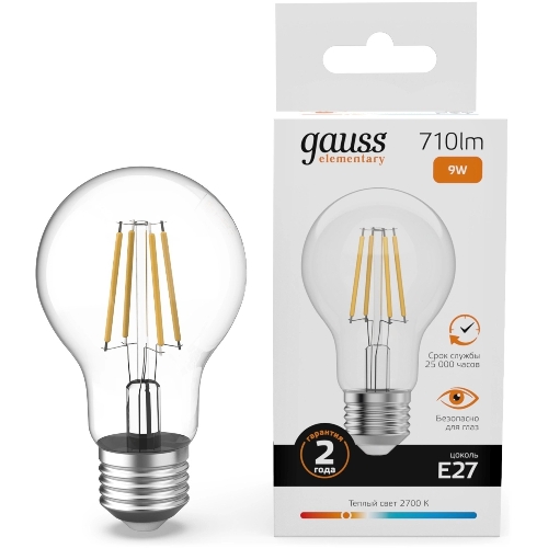 Лампа светодиодная филаментная Gauss Filament 9Вт цок.: E27 груша св. свеч. бел. теп. (упак.: 10 шт)