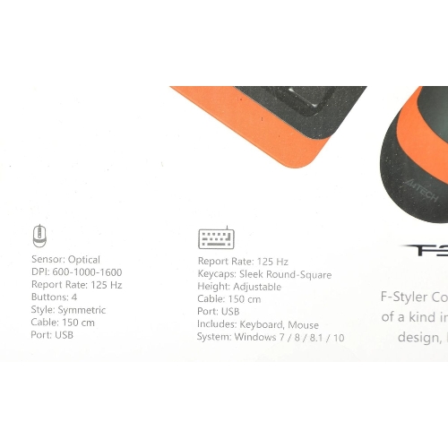 Комплект клавиатура+мышь A4Tech FStyler F1010 проводной, USB, 1600 DPI, чёрный/оранжевый
