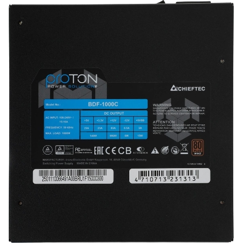 Блок питания Chieftec BDF-1000C, 1000Вт, 80 PLUS Bronze, 140мм, модульный, черный
