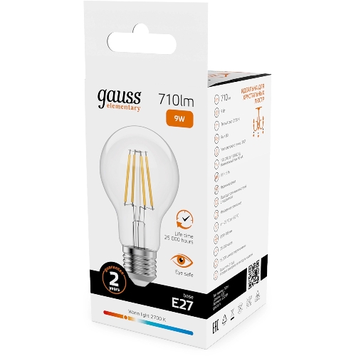 Лампа светодиодная филаментная Gauss Filament 9Вт цок.: E27 груша св. свеч. бел. теп. (упак.: 10 шт)