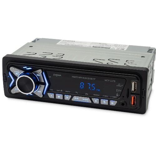 Автомагнитола Digma MCP-227B, 1 DIN, Bluetooth, USB Type-A, AUX, пульт ДУ