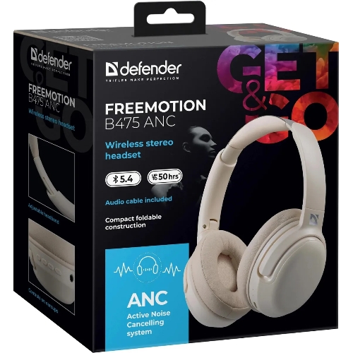 Беспроводные/проводные наушники Defender FreeMotion B475 ANC бежевый, накладные, Bluetooth + проводной, активное шумоподавление, складная конструкция, до 15 ч