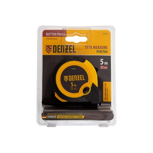 Рулетка Denzel 5м х 25мм, двухкомп. корпус, кнопка-пауза