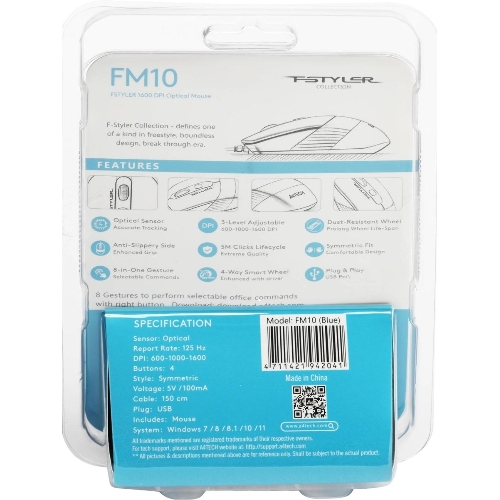 Мышь проводная A4Tech Fstyler FM10 черный/синий, 1600 dpi, USB, кнопки - 4