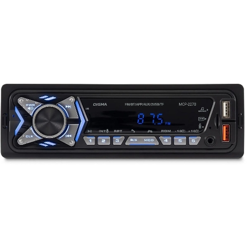 Автомагнитола Digma MCP-227B, 1 DIN, Bluetooth, USB Type-A, AUX, пульт ДУ
