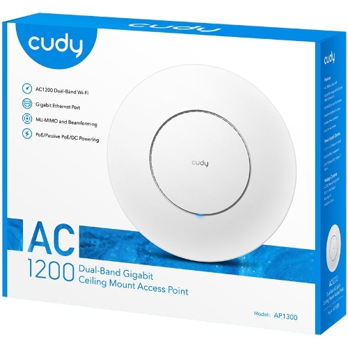 Точка доступа Cudy AC1200 Dual Band Gigabit Ceiling Mount Access Point, MT7621DAN+MT7613B+MT7603E, 867Mbps at 5GHz + 300Mbps at 2.4GHz, 1 x GbE RJ45 Port, Support 12V DC or 802.3af PoE or Passive PoE, Internal Antennas, 48V passive PoE adapter included, Cudy Mesh Support