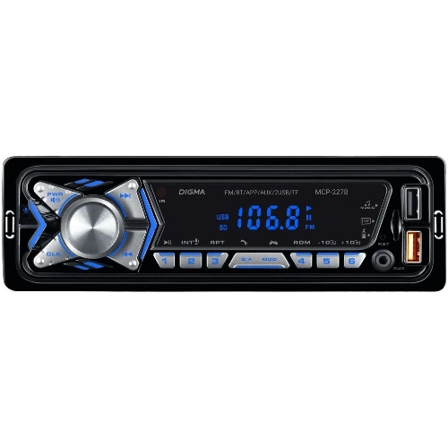 Автомагнитола Digma MCP-227B, 1 DIN, Bluetooth, USB Type-A, AUX, пульт ДУ