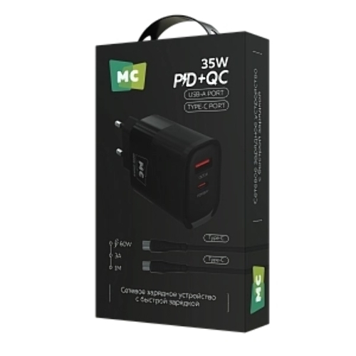 Сетевое зарядное устройство MORE CHOICE NC82a 1USB+1Type-C 3.0A PD 35W+QC3.0 для Type-C Type-C черный